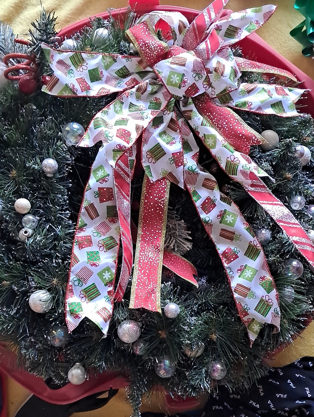 Holiday Evergreen Wreath with Red & White Gift-Print Bow